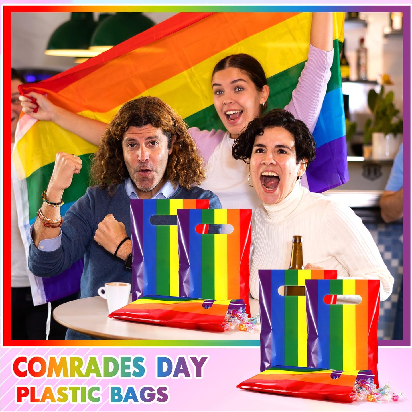 Engrowtic 100 Pcs Gay Pride Day Rainbow Gift Bags with Handle Lgbt Party Favor Reusable Rainbow Striped Plastic Snack Treat Goody Candy Bag for Summer Birthday Wedding Party Supplies 9.84'' x 6.5''