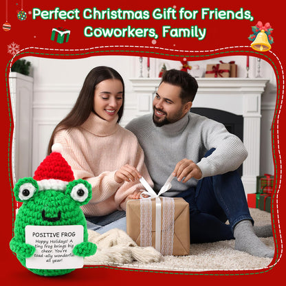 Mini Christmas Positive Frog Emotional Crochet Animals Knitted Doll with Positive Card for Coworkers Best Friend Encouragement Funny Gifts for Women Men Xmas Party Decor