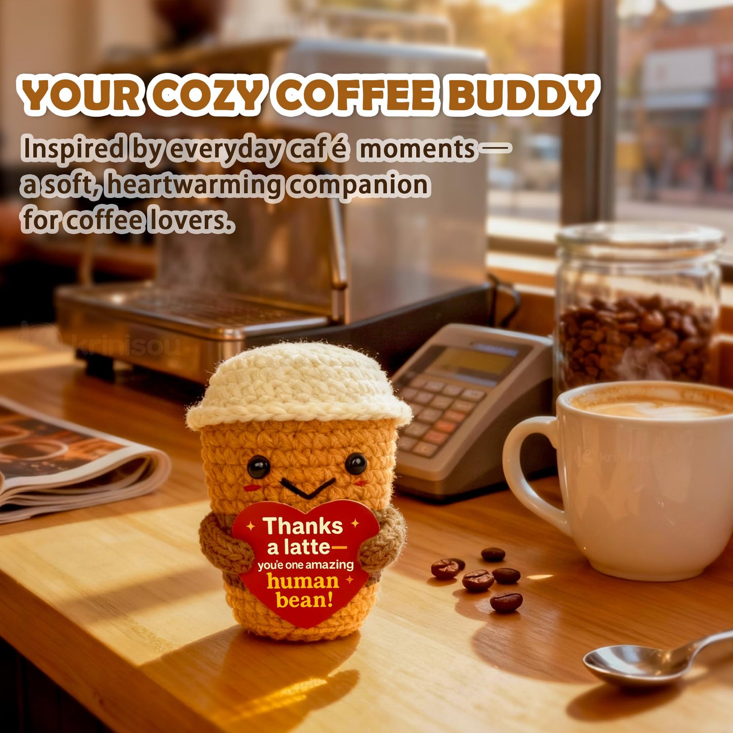 Thank You & Appreciation Gift for Women Men, Coworkers, Teachers, Friends – Cute Handmade Crochet “Thanks a Latte” Coffee Cup Plush for Coffee Lovers