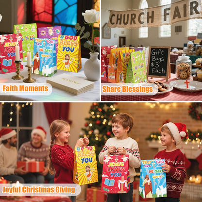 Elunpoe 32 Pack Christian Gift Bags, Bible wrap with Inspirational Stickers, Religious Goodie Bags, Sunday School Church Events Favor Paper Bag, Classroom Activities Decor, Faith Treat wrap for people Easter Christmas Baptism, 4.7" x 3.1" x 8.6"