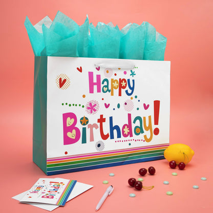 Qirrmiy 16.5” Extra Large Gift Bag Set with Greeting Card and Green Tissue Paper(Cute ‘Happy Birthday’) for Baby,Kids Birthday Party,Men and Women, Newborn,New Moms or Parents, and More
