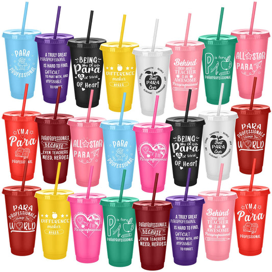 Meanplan 24 Pcs Paraprofessional Appreciation Gifts Bulk 24 oz Plastic Tumbler with Lids and Straws Paraprofessional Thank You Cups Travel Mugs Inspirational Gifts for Coworkers Office Supplies