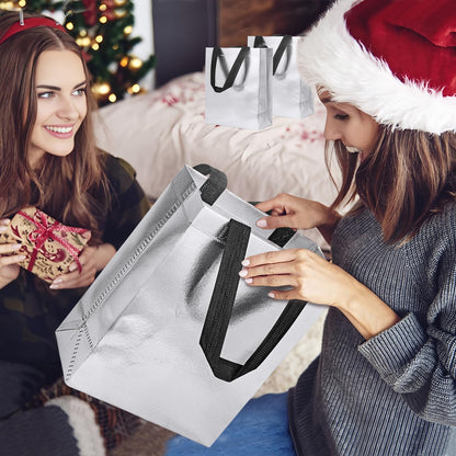 【18-Pack Silver】 Reusable Gift Bags with Handles, Bulk Goodie Bags for Valentines Day, Baby Shower, Birthday, Party Favors, Wedding, Holiday Goodie | 8x4x10 Inches | 18 Premium Silver Bag | Eco-Friendly