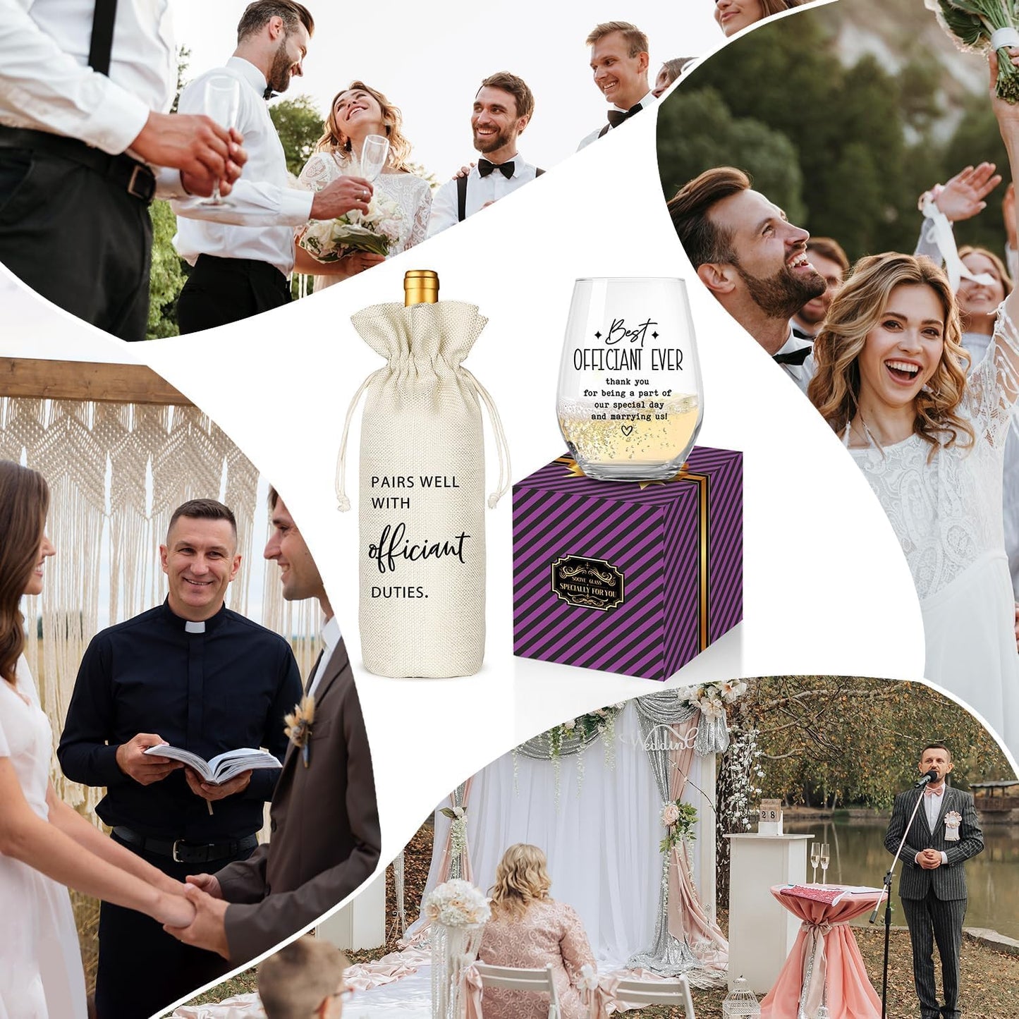 Wedding Officiant Gifts Wine Bag, Best Officiant Ever Gifts from Couple, Bride Groom Thank You Wedding Gift, Funny Wine Glass and Wine Bag Set(Officiant-Beige)