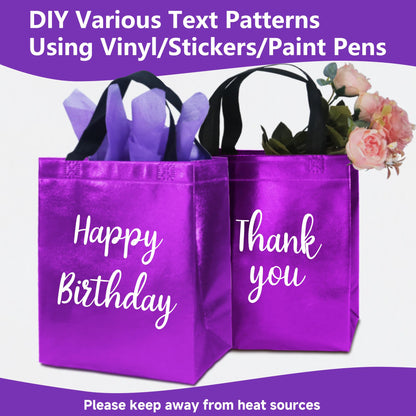 12 Purple Gift Bags with Tissues - Medium Sturdy Reusable Metallic Non-Woven 8x4x10 for Easter, Mother's Day, Graduations, Weddings & Birthdays