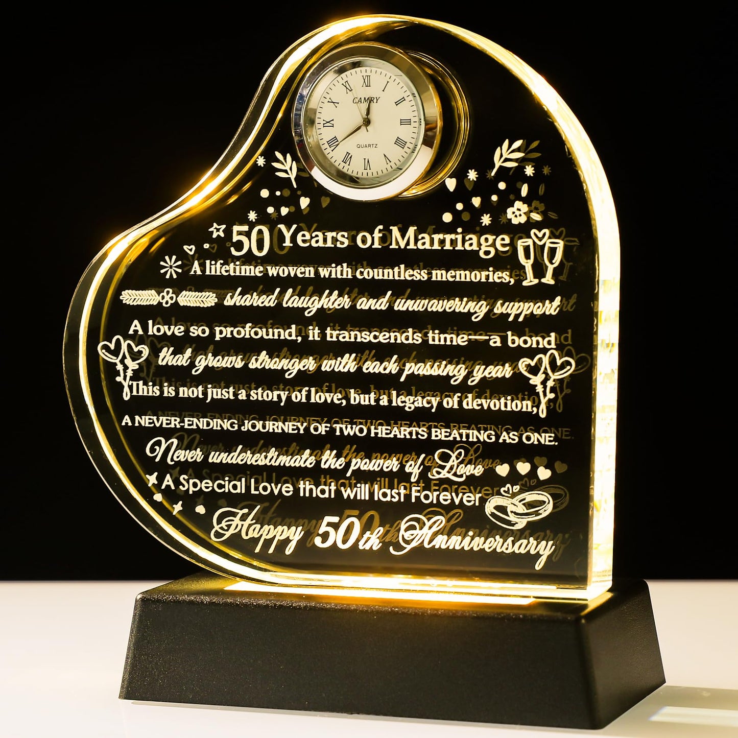 YWHL 50th Anniversary Heart Gifts for Couple 50th Wedding Anniversary Crystal Gifts for Wife Husband with Colorful LED Base Romantic 50 Years of Marriage Gift for Her Him (Battery not Included)