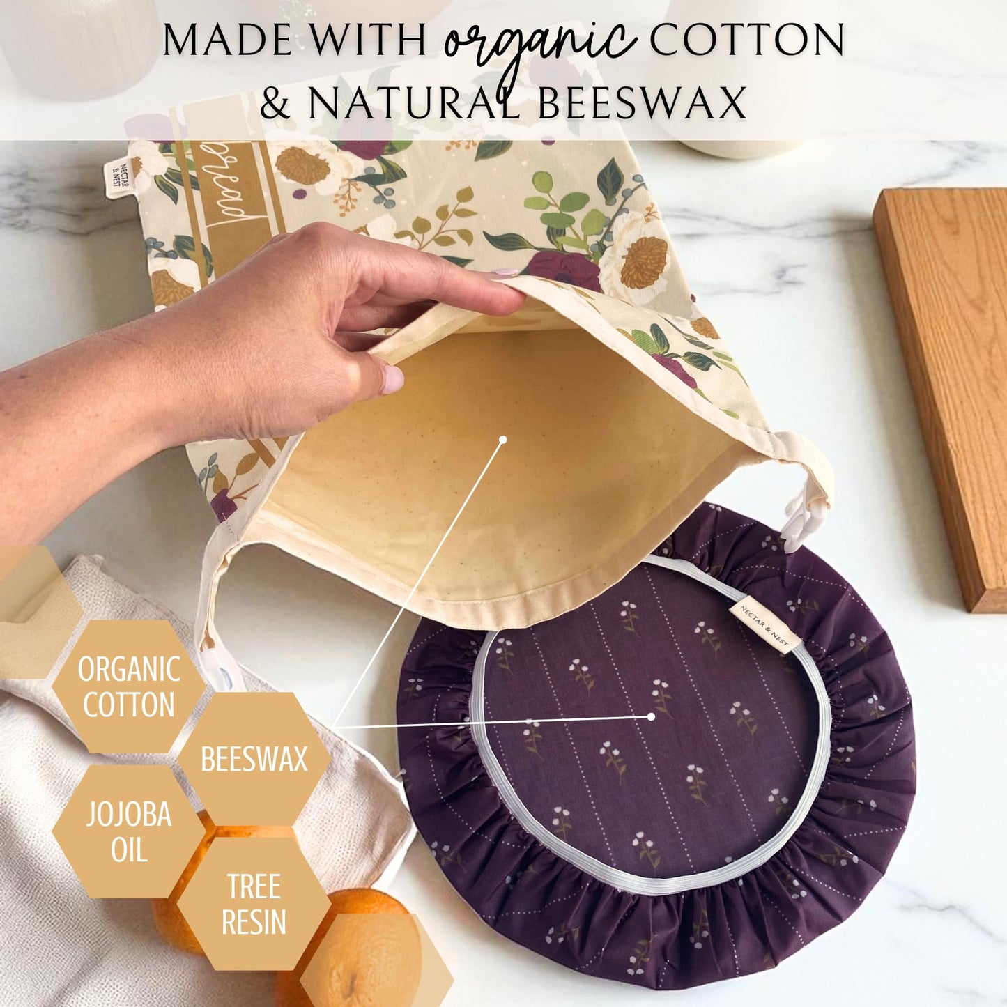 Nectar & Nest Bread Baker Set, Reusable Beeswax Bread Bags for Homemade Bread, Sourdough Bag, Organic Cotton Beeswax Bowl Cover, Limited-Edition Artist Series (December Blooms by Mackenzie Nelson Art)