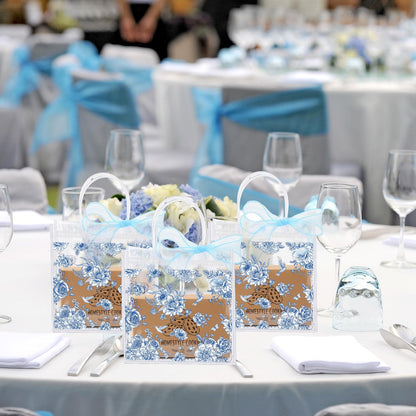 Hosuly 24 Pcs Blue Floral PVC Gift Bags with Bow Ribbon Clear Vintage Chinoiserie Flower Bags Blue Wildflower Goodie Handbags for Wedding Bridal Shower Birthday Party Supplies, 7.9 x 7.9 x 3.1 Inch