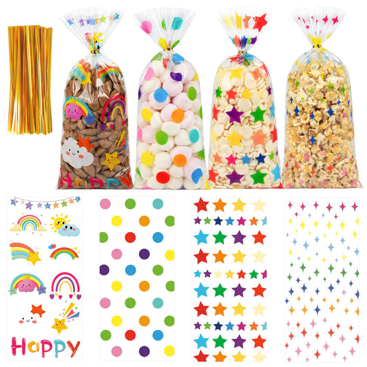 50PCS Rainbow Cellophane Treat Bags: Clear Goodie Bags with 60 Twist Ties for Kids Birthday Party Favors Wrapping, Durable Clear Plastic Gift Bag for Candy Cookies Treat Classroom Return Gifts