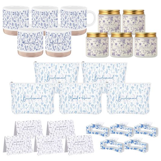 Nuanchu 25 Pcs Wedding Bridesmaid Proposal Gifts Maid of Honor Something Proposal Gift Ceramic Cup Bridesmaid Makeup Bag Invited Card Hair Claw Clip Lavender Scented Candle for Bridal Party(Blue)