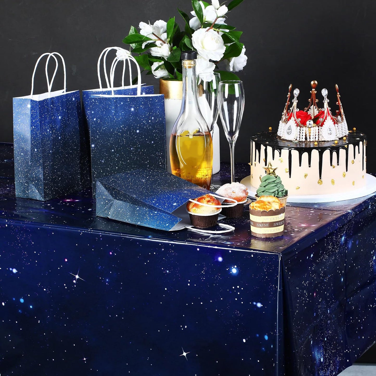 Marspark 16 Pieces Galaxy Party Bags Space Party Favor Bags Starry Night Gift Goodie Bag Galaxy Treat Candy Bag for Space Stars Themed Birthday Decorations Supplies