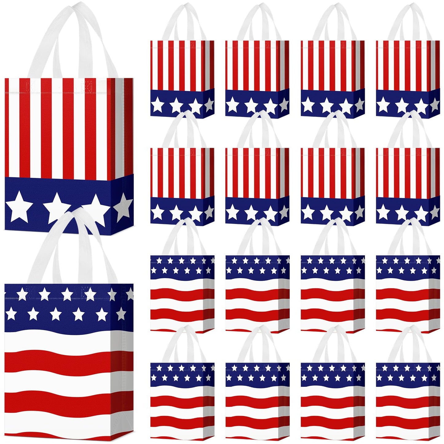 Locmeo 24 Pcs 4th of July Patriotic Party Favor Bags with Handles Reusable Non Woven American Flag Goodie Bags Independence Day Gift Bag for Girl Boy Birthday Memorial Party Supplies, 8 x 4 x 10 Inch