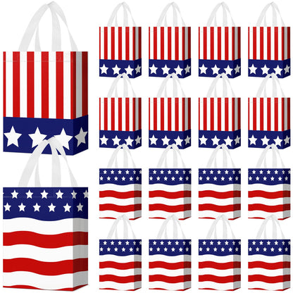 Locmeo 24 Pcs 4th of July Patriotic Party Favor Bags with Handles Reusable Non Woven American Flag Goodie Bags Independence Day Gift Bag for Girl Boy Birthday Memorial Party Supplies, 8 x 4 x 10 Inch