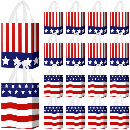 Locmeo 24 Pcs 4th of July Patriotic Party Favor Bags with Handles Reusable Non Woven American Flag Goodie Bags Independence Day Gift Bag for Girl Boy Birthday Memorial Party Supplies, 8 x 4 x 10 Inch