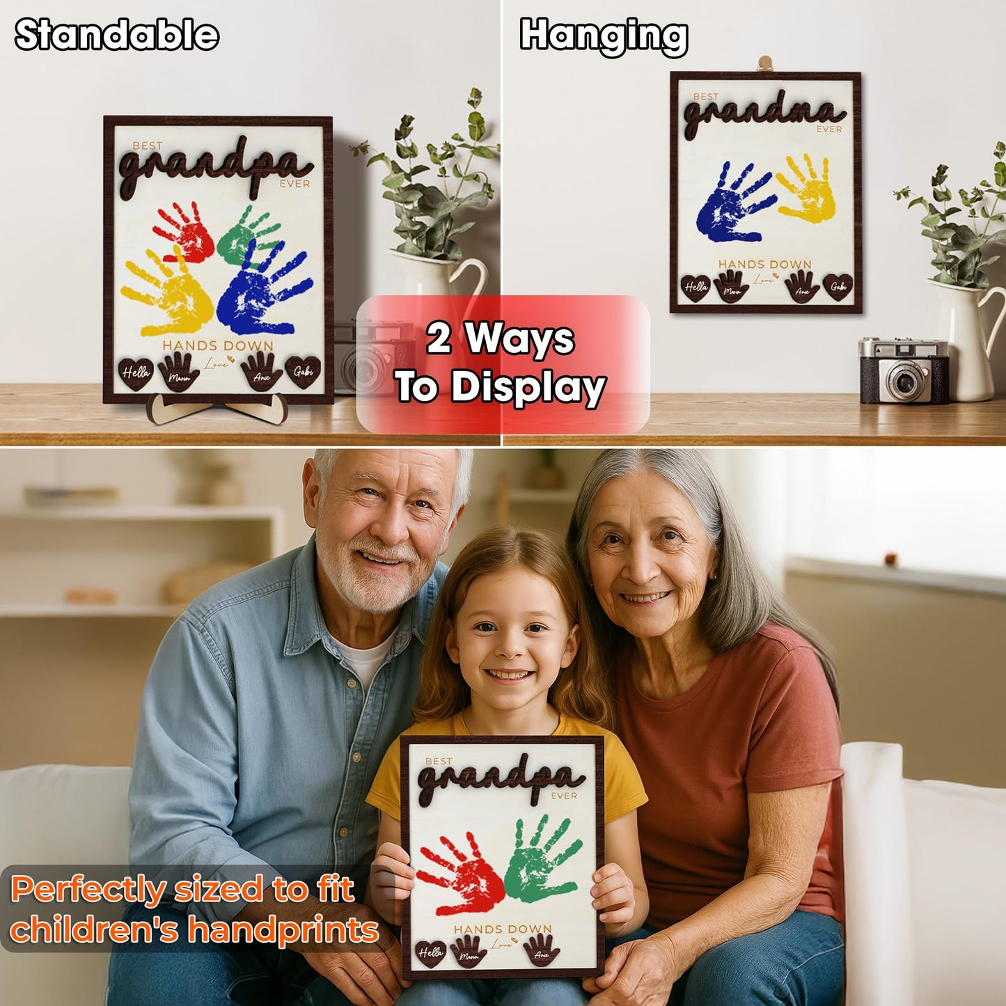 10" Hands Down Best Grandpa Ever DIY Handprint Kids Gifts Frame with Paints, Grandpa Crafts from Grandkids Family Keepsake Plaque Birthday Gift Father's Day for Pops, Papa HF610