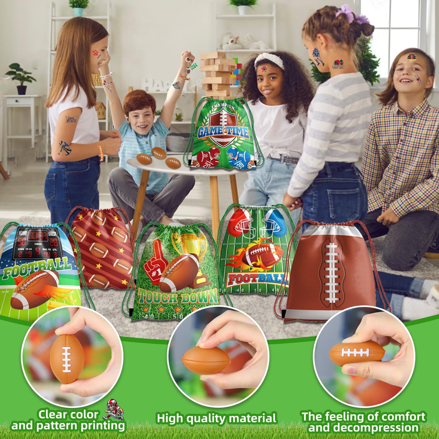 60pcs Football Party Favors, Football Goodie Bags Football Gift Bags Stuffers for Boys Includes Drawstring Bags Bracelet Keychain Tattoo Stickers Mini Football for Football Birthday Party Supplies