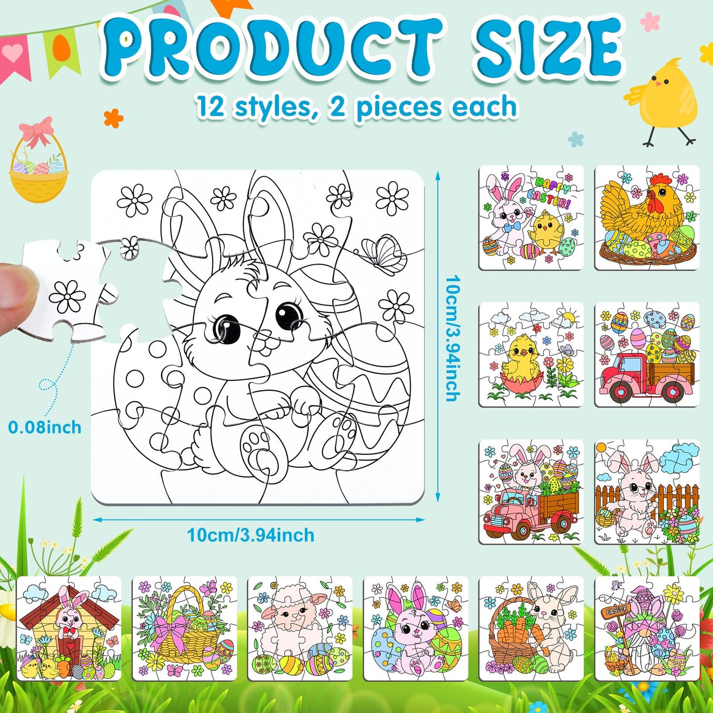 Realspring 24 Pack Color Your Own Jigsaw Puzzles for Kids Coloring Puzzles DIY Paper Jigsaw Bulk Party Favors Gifts Exchange Classroom Activities Home Educational Game Toy (Bunny)