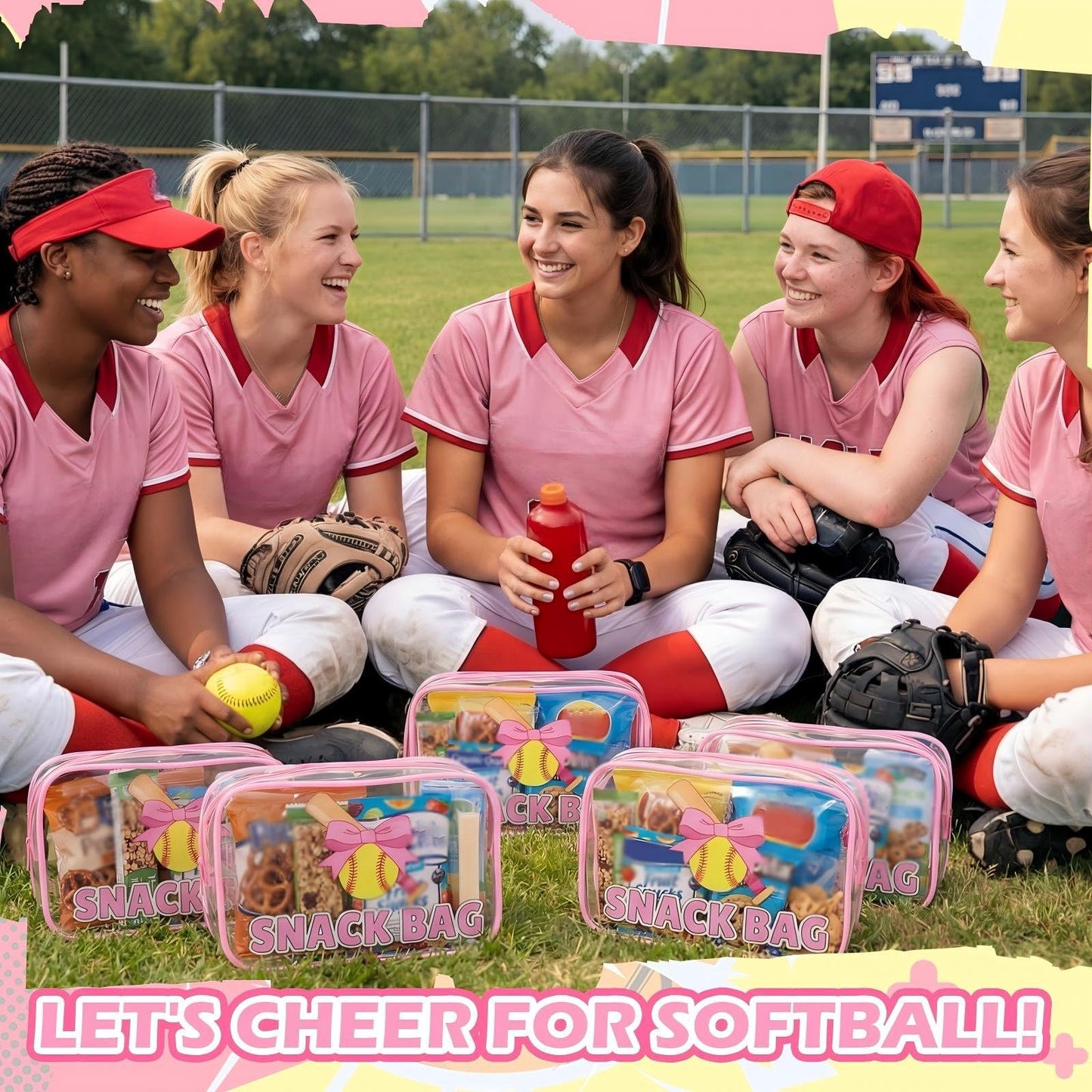 12 Pcs Softball Party Favors Pink Bow Softball Snack Bags Bulk Sport Gifts for Girls Team Soft Ball Goodie Bags Treat Clear Gift Bag for Girls Birthday Back to School, 7.87 x 5.9 x 2.36 Inch