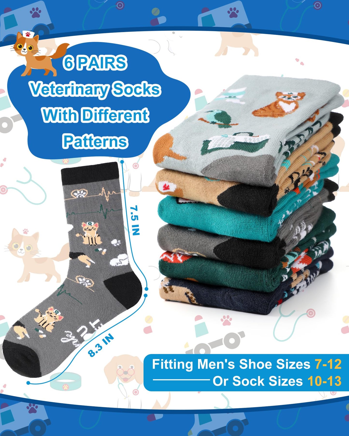 Skicuff 6 pairs Veterinary Socks for Women Men Novelty Veterinarian Cotton Socks Veterinary Week Gift for Doctor Vet Tech