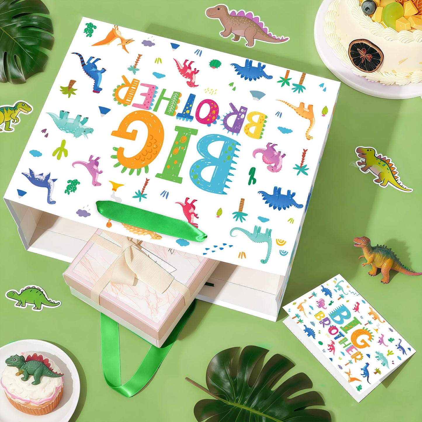 Big Brother Gift Bag for Boys, Cute Big Bro Gift Bag with Tissue Paper and Greeting Card Green Wrapping Paper Cartoon Dinosaur New Brother Party Decoration for Little Boy Birthday Party Supplies