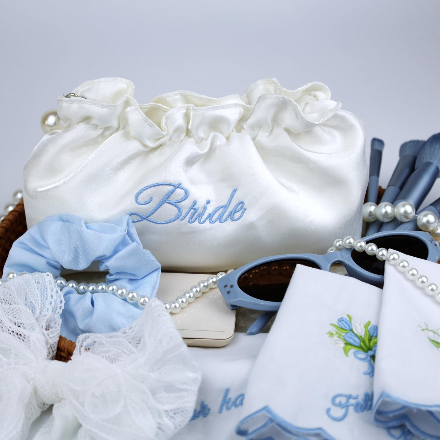 Embroidered Bride Cosmetic Bag| Creamy White Satin Something Blue Silk Makeup Bag Bling Pearl Bride To Be Purse for Bridal Shower Bachelorette Party Women Wedding Engagement Gift