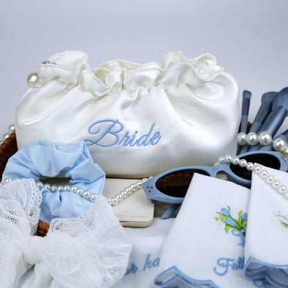 Embroidered Bride Cosmetic Bag| Creamy White Satin Something Blue Silk Makeup Bag Bling Pearl Bride To Be Purse for Bridal Shower Bachelorette Party Women Wedding Engagement Gift