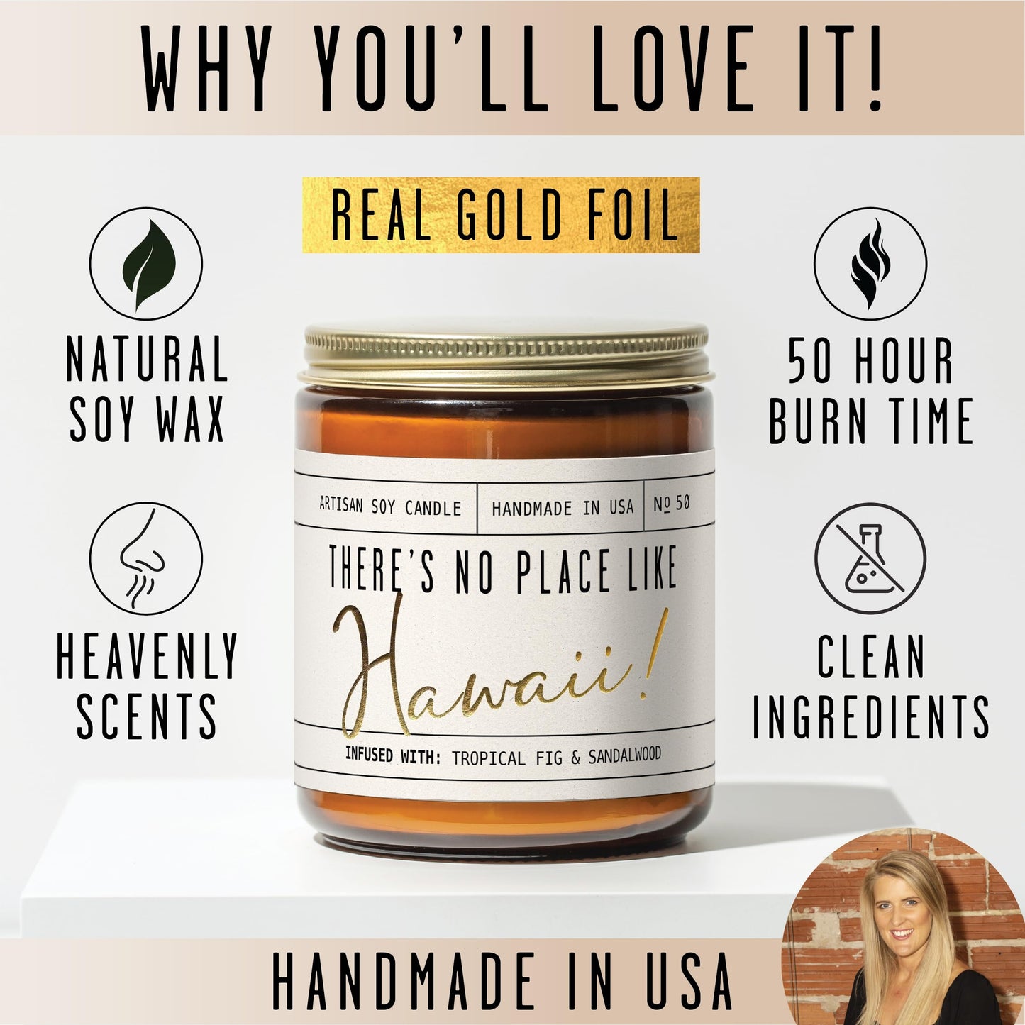 Hawaii Gifts, Hawaii Decor for Home - 'There's No Place Like HawaiiCandle, w/Tropical Fig & Native Sandalwood I Hawaii Souvenirs I Hawaii State Gifts I 9oz Jar, 50Hr Burn, USA Made