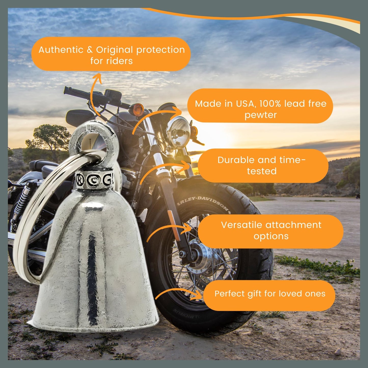 Guardian Bell Good Luck Bell w/Keyring & Black Velvet Bag | Motorcycle Bell | Lead-Free Pewter | Made in USA