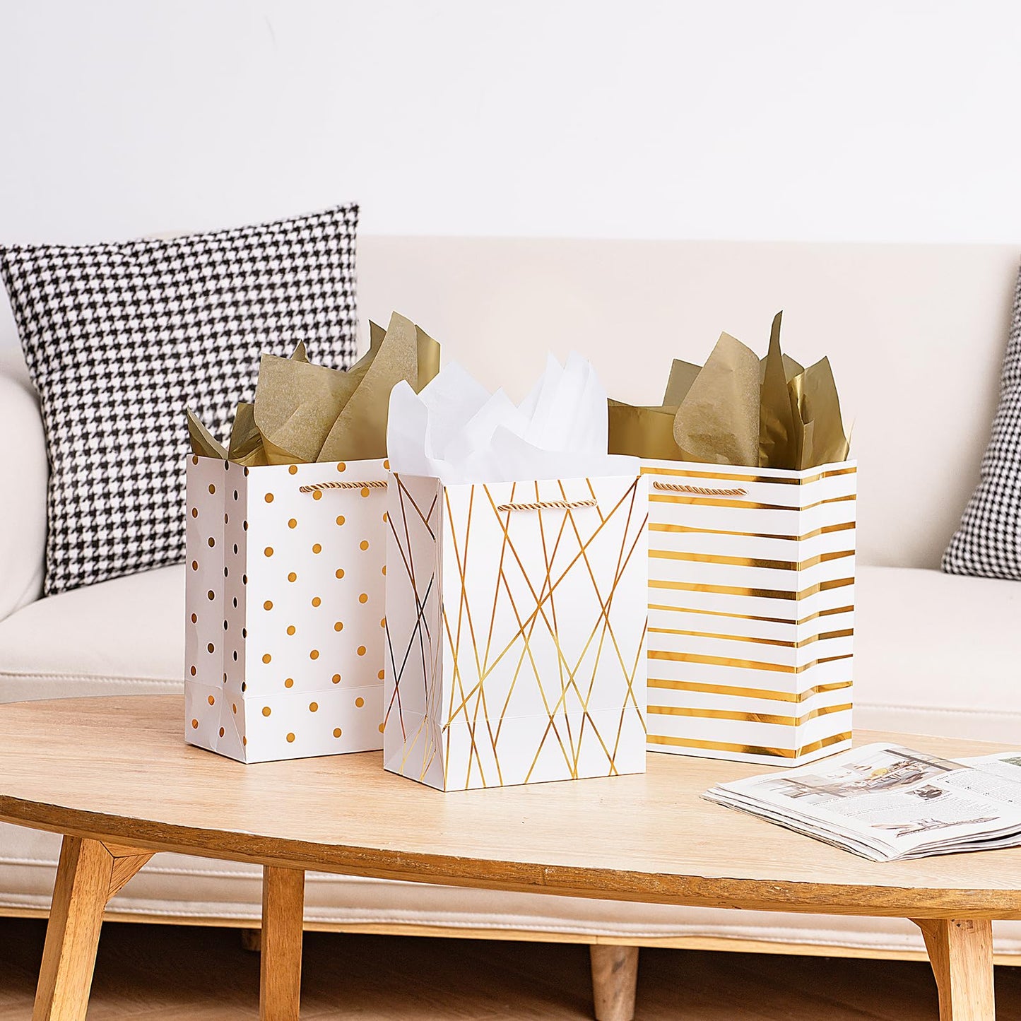 Nihuecne 9" Gift Bags Medium Size with Tissue Paper, 4 Pack White Gold Wrap Paper Gift Bags with Handles for Shopping Parties Wedding Baby Shower Holiday Presents 4 Designs