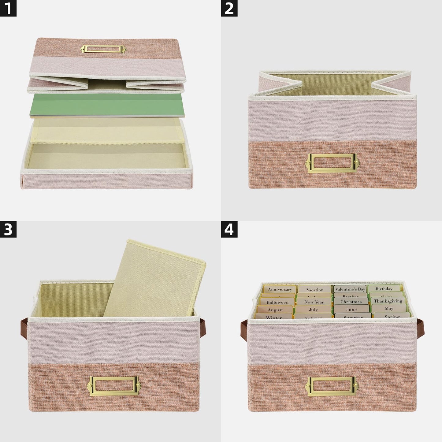 Vienrose Greeting Card Organizer Box with 20 Removable Dividers, 84 Labels, Large Capacity Foldable Storage Box for Photos, Postcards, Stickers & Keepsakes, Portable Linen Organizer, Pink&Lotus