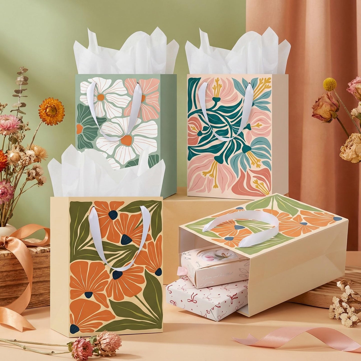 woric 10.6" Matisse Flowers Gift Bags with Tissue Paper, 4 Colors Medium Gift Bag with Greeting Cards for Mother's Day Birthdays Bridal Showers Weddings(10.6x7.87x4.7in)
