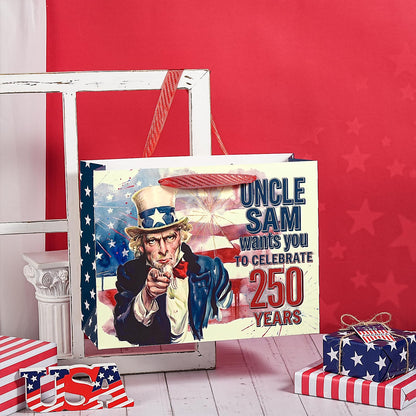 Loveinside 13" Large 250 Years Patriotic Gift Bag, Uncle Sam Red White Blue Design Gift Bag with Tissue Paper for 4th of July, America 250th Anniversary Celebration, 13" x 5" x 10", 1 Pcs
