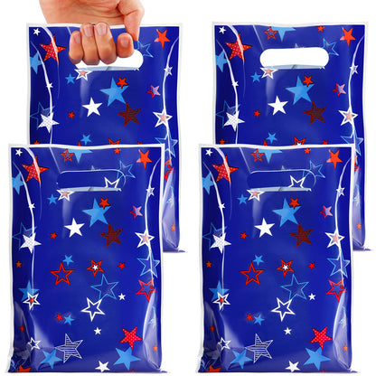MASHAN 50 Pieces 4th of July Goodie Bags Bulk, Patriotic Gift Bags,Plastic Treat Gift Handles Bag with Red White Blue Star for Independence Day Memorial Day Veterans Day Decorations Party Supplies