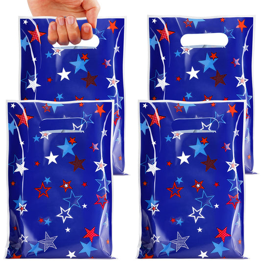 MASHAN 50 Pieces 4th of July Goodie Bags Bulk, Patriotic Gift Bags,Plastic Treat Gift Handles Bag with Red White Blue Star for Independence Day Memorial Day Veterans Day Decorations Party Supplies