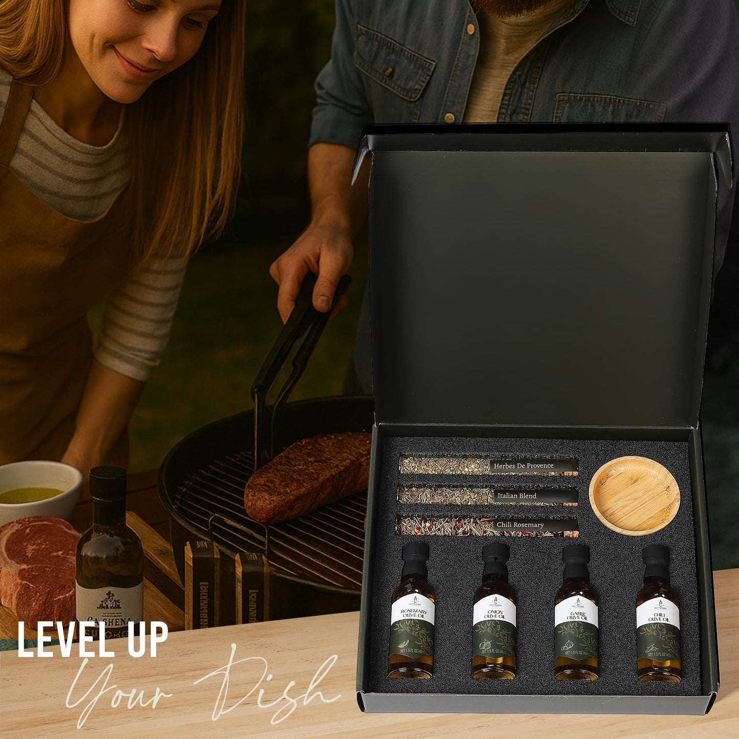 Infused Olive Oil Gift Set – Variety Pack - 4 Flavored Olive Oil Extra Virgin, 3 Spice Flavorful Infusion Blends, Bread Dipping Bowl & Recipe Booklet - Set of 8 – Gourmet Cooking Gifts for Women - Mothers Day Gifts For Mom