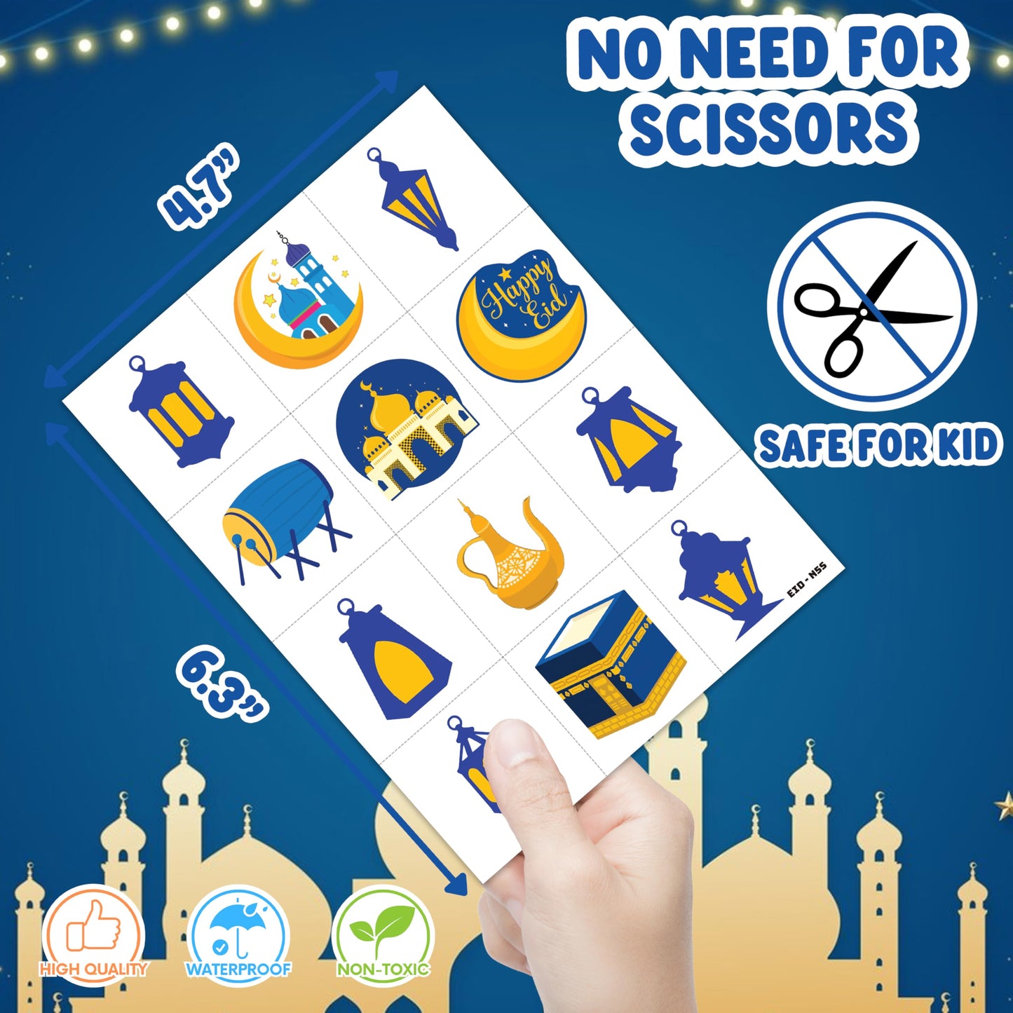 Cute Eid Mubarak Temporary Tattoos for Kids 60PCS 5 Sheets Ramadan Kareem Party Favors Birthday Decorations Classroom Prizes Holiday Gifts