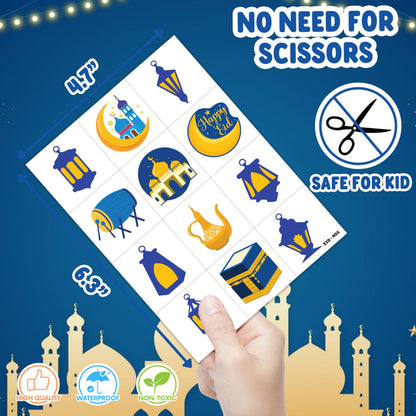 Cute Eid Mubarak Temporary Tattoos for Kids 60PCS 5 Sheets Ramadan Kareem Party Favors Birthday Decorations Classroom Prizes Holiday Gifts