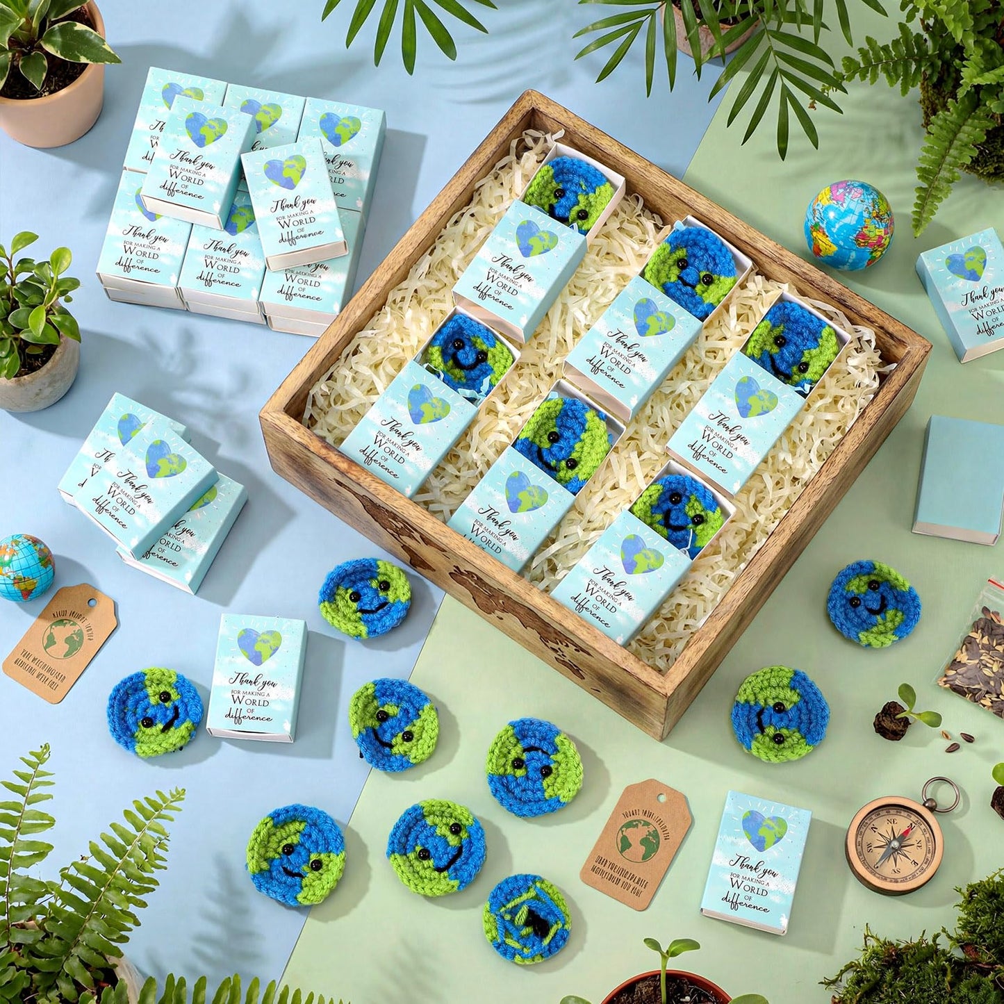 Wettarn 36 Sets Earth Day Gifts Pocket Hug Token Bulk Crocheted Earth with Box Encourage Positive World Environment Day Supplies Reduce Reuse Recycle Gifts for Women Friend Employees