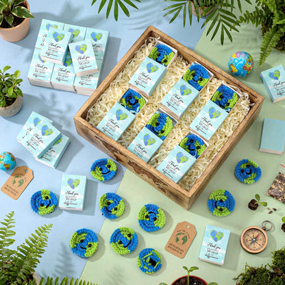 Wettarn 36 Sets Earth Day Gifts Pocket Hug Token Bulk Crocheted Earth with Box Encourage Positive World Environment Day Supplies Reduce Reuse Recycle Gifts for Women Friend Employees
