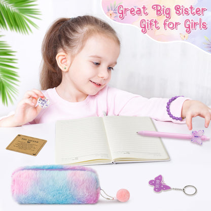 CY2SIDE Big Sister Gifts for Girls, 7PCS In My Big Sis Era Announcement Set Include Butterfly Notebook Pen Plush Pouch Keychain and Greeting Card, Charm Birthday Gifts for New Sibling Arrival Age 2-8