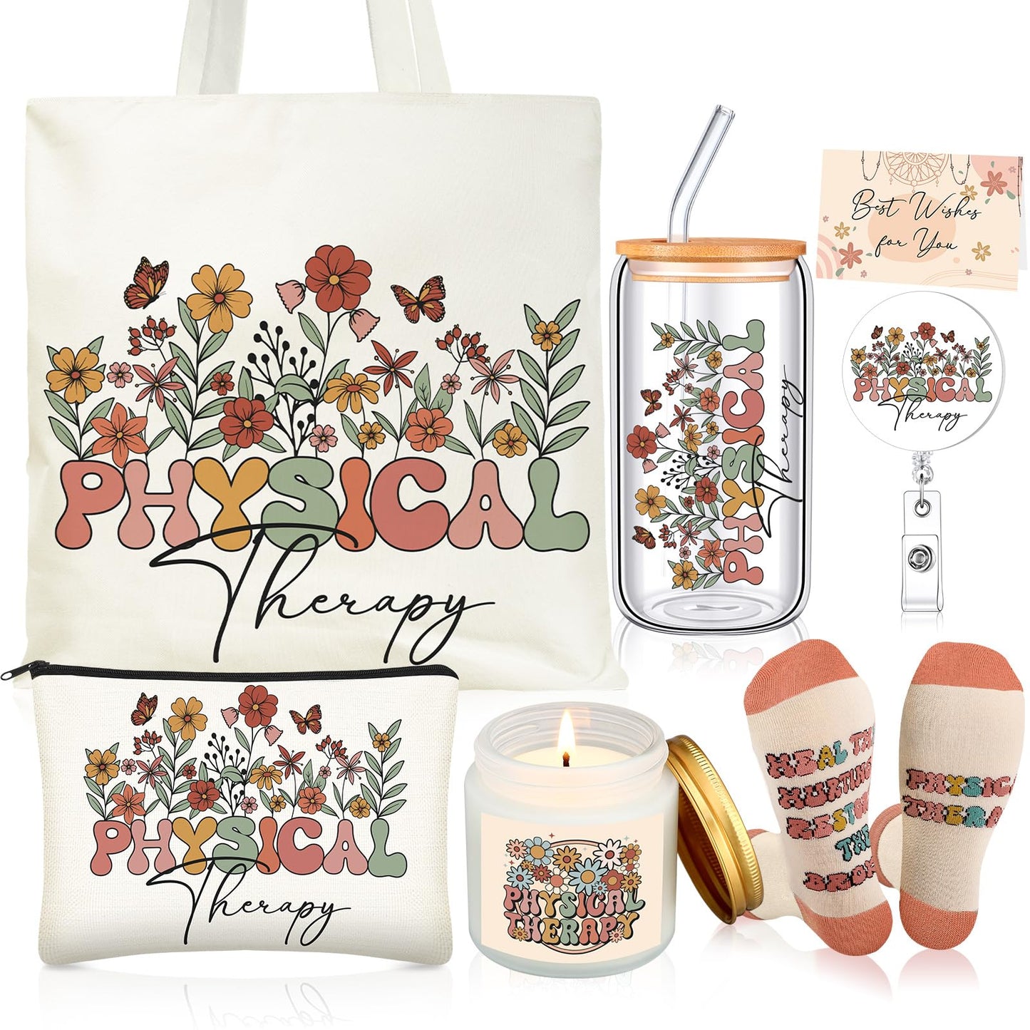 Funnymoom 6 Pcs Physical Therapy Gifts for Women PT Appreciation Gifts Set with 17 oz Glass Cup Canvas Tote Bag for Physical Therapist Assistant Student Doctor Nurse Staff