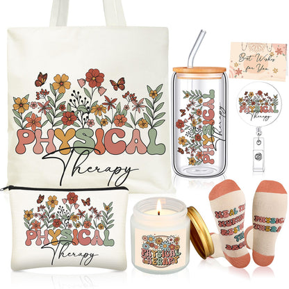 Funnymoom 6 Pcs Physical Therapy Gifts for Women PT Appreciation Gifts Set with 17 oz Glass Cup Canvas Tote Bag for Physical Therapist Assistant Student Doctor Nurse Staff