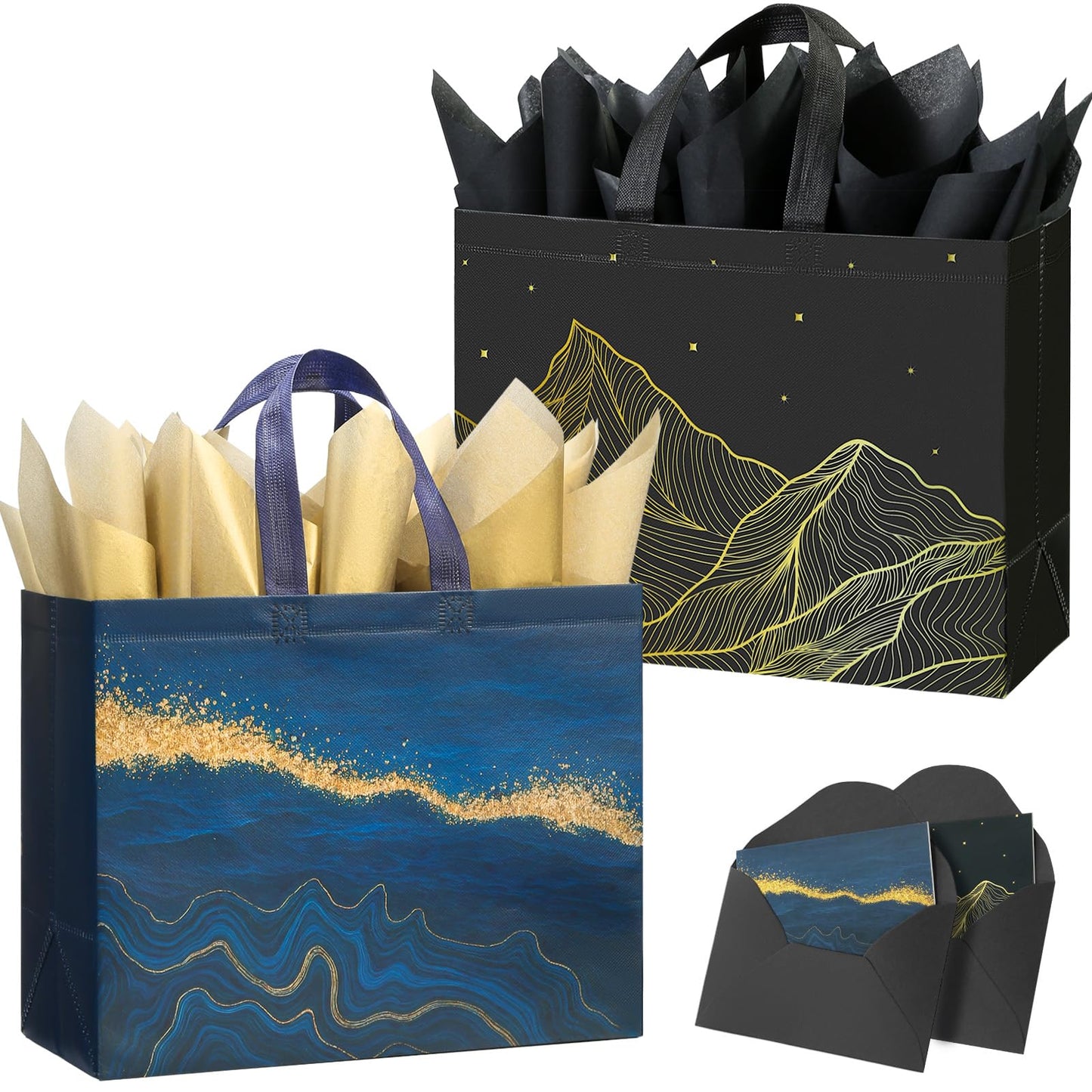 STYPOP 13" Large Gift Bags with Tissue Paper, 2 Pack Reusable Non-woven Happy Birthday Gift Bag with Handles, Perfect Gifts for Men & Women (Black, Blue).