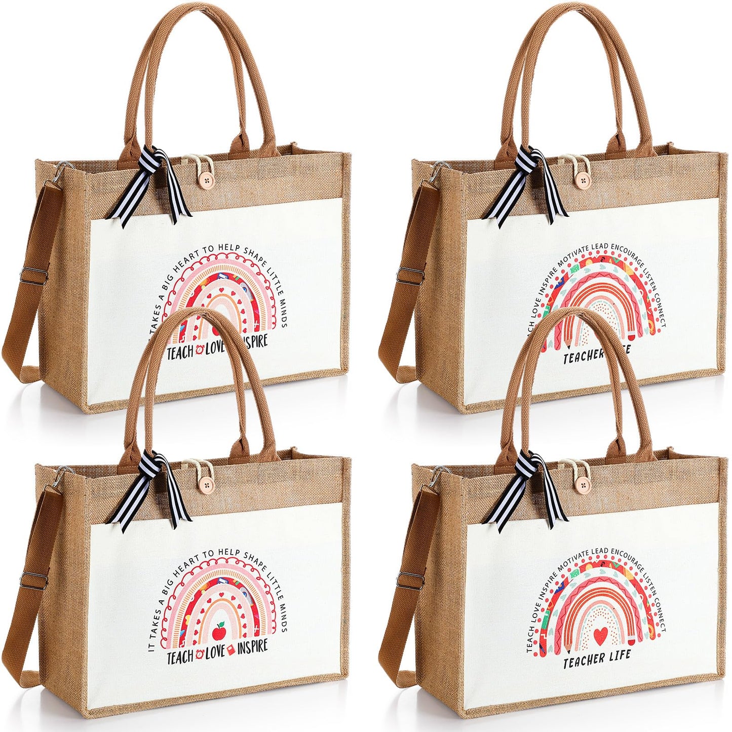 4 Pcs Teacher Appreciation Tote Bag Gifts for Women Teacher Rainbow Canvas Bag Thank You Burlap Totes Gifts for Appreciation Week, Coworker, Graduation, Birthday