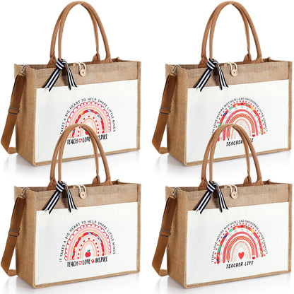 4 Pcs Teacher Appreciation Tote Bag Gifts for Women Teacher Rainbow Canvas Bag Thank You Burlap Totes Gifts for Appreciation Week, Coworker, Graduation, Birthday