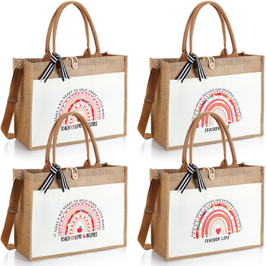 4 Pcs Teacher Appreciation Tote Bag Gifts for Women Teacher Rainbow Canvas Bag Thank You Burlap Totes Gifts for Appreciation Week, Coworker, Graduation, Birthday