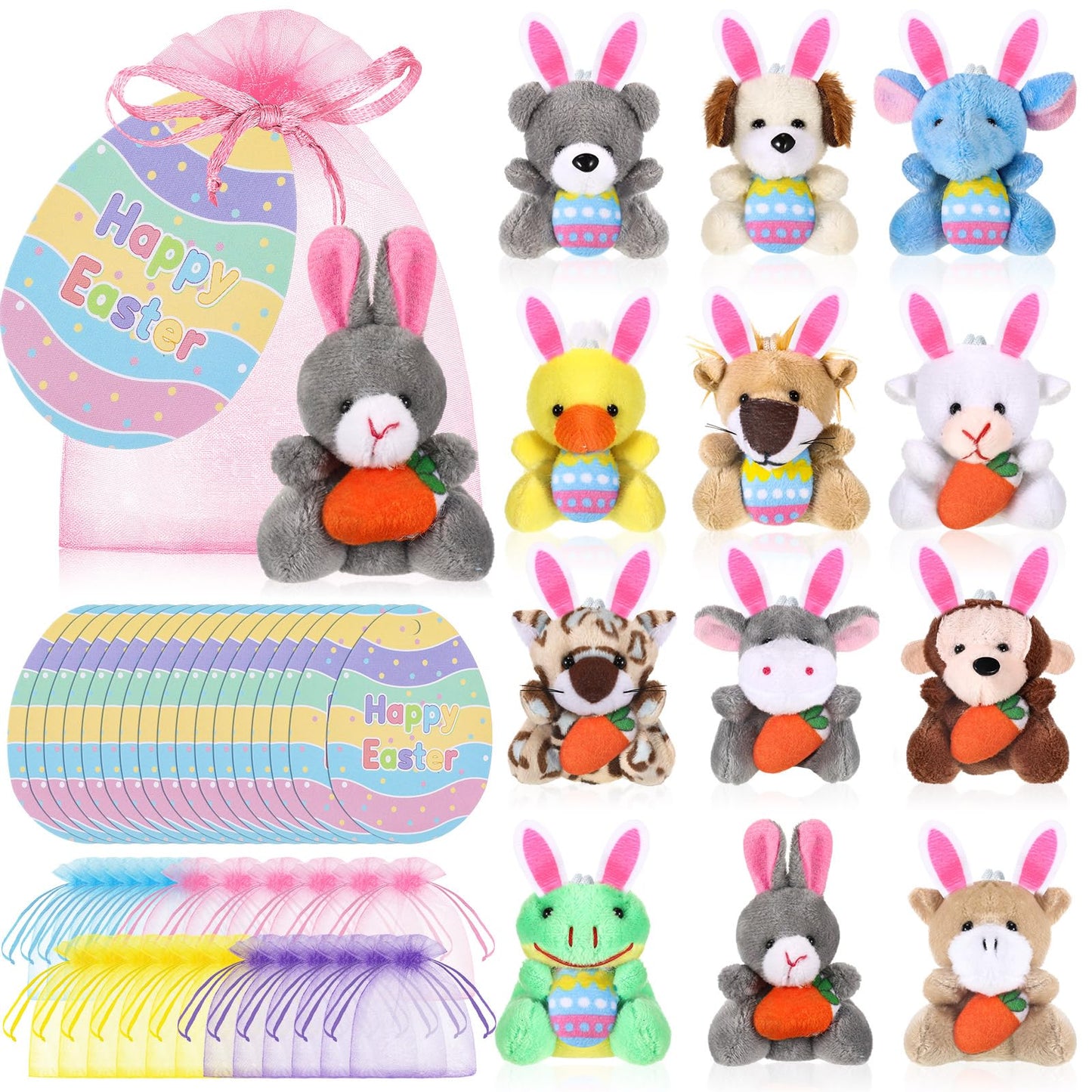 Wiwiqing 36 Pcs/12 Set Easter Mini Stuffed Animals Gift Set 12 Plush Animal Keychains 12 Cards 12 Bags for Easter Egg Hunt Fillers Basket Stuffers Classroom Exchange Gifts Party Favors