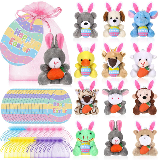 Wiwiqing 36 Pcs/12 Set Easter Mini Stuffed Animals Gift Set 12 Plush Animal Keychains 12 Cards 12 Bags for Easter Egg Hunt Fillers Basket Stuffers Classroom Exchange Gifts Party Favors