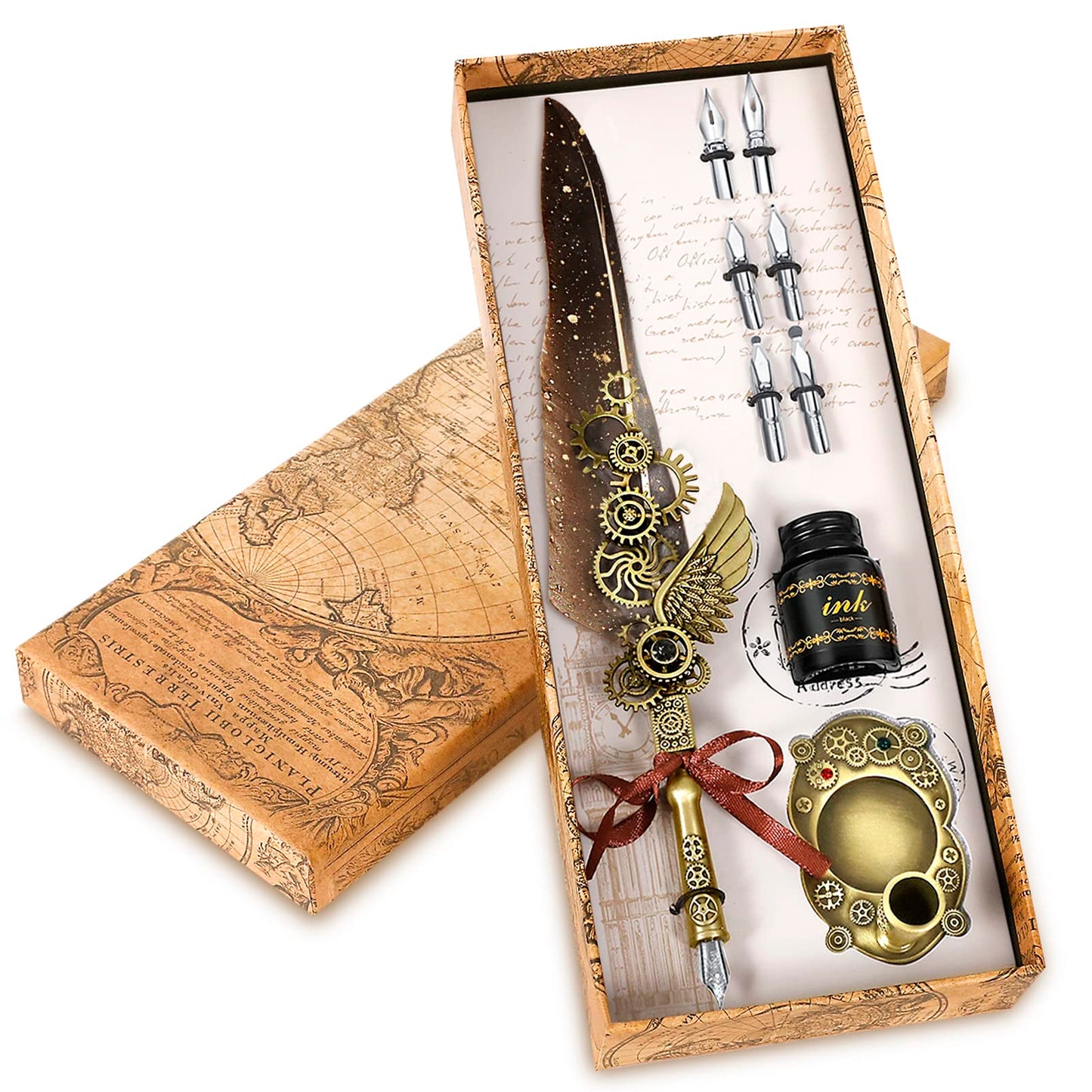 Aifeiter Feather Pen Set,Calligraphy Fountain Dip Feather Pen and Ink Set for Writing,Christmas Gift for Handwriting Lovers Birthday Gift,Luxury Vintage Signature Pen-Grey