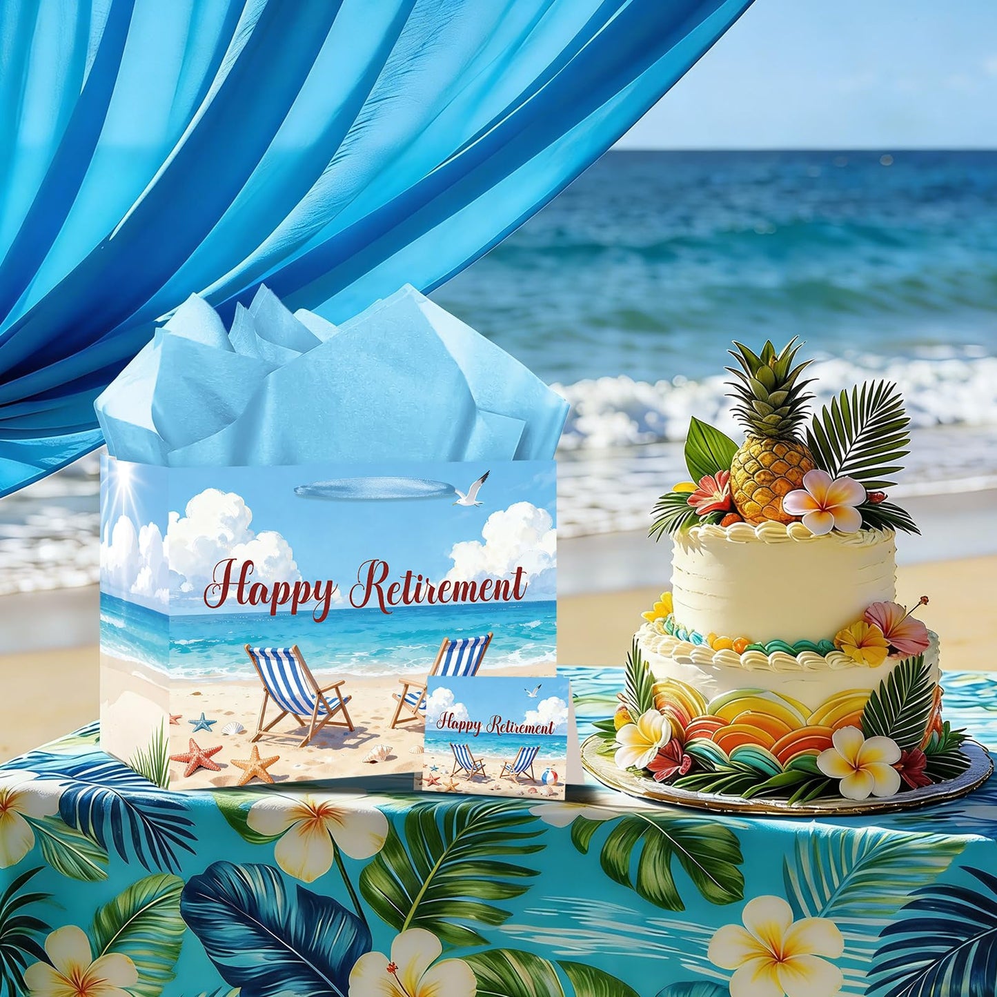 Happy Retirement Gift Bag Summer Hawaiian Beach Funny Retired Gift Bags with Card and Tissue Paper Seaside Vacation Theme Retirement Decor for Women Men Coworker Farewell Going Away Party Supplies